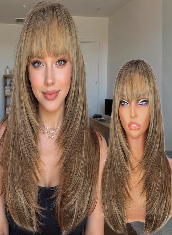 AISI HAIR Brown Highlight Wig with Bangs for Women, Free Parting Middle Length NaturalLayered Straight Wig for Daily Party and Beginner Friendly - Image 1